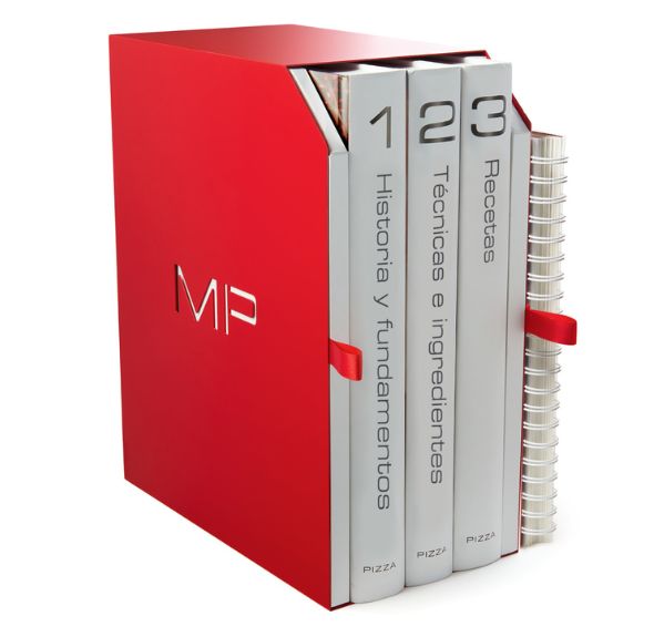 Spanish edition of Modernist Pizza cookbook in red stainless steel case