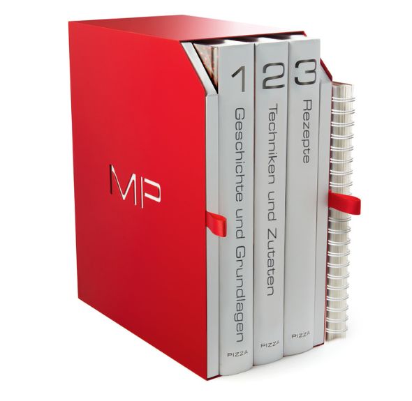 German edition of Modernist Pizza cookbook in red stainless steel case