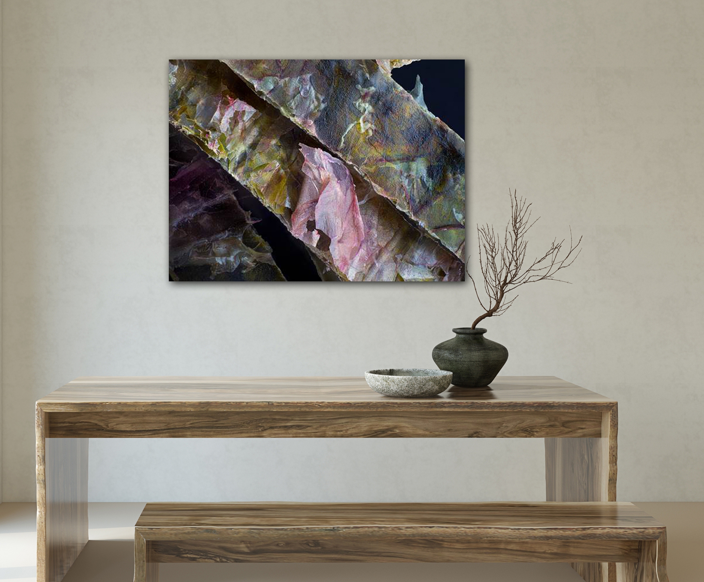 Minimalist dining room with macro photograph of nori seaweed.