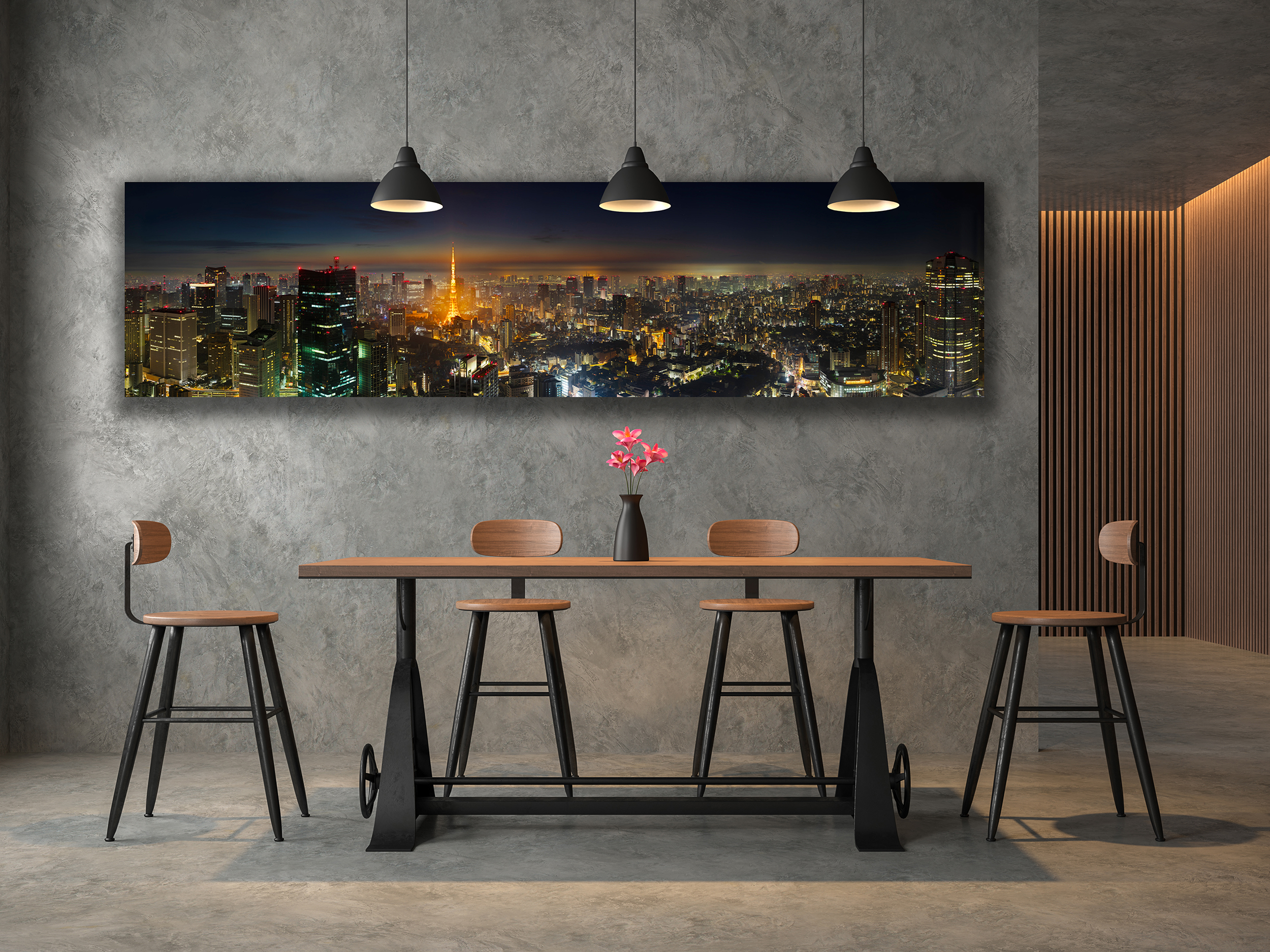 industrial dining room with photograph of Tokyo skyline at night
