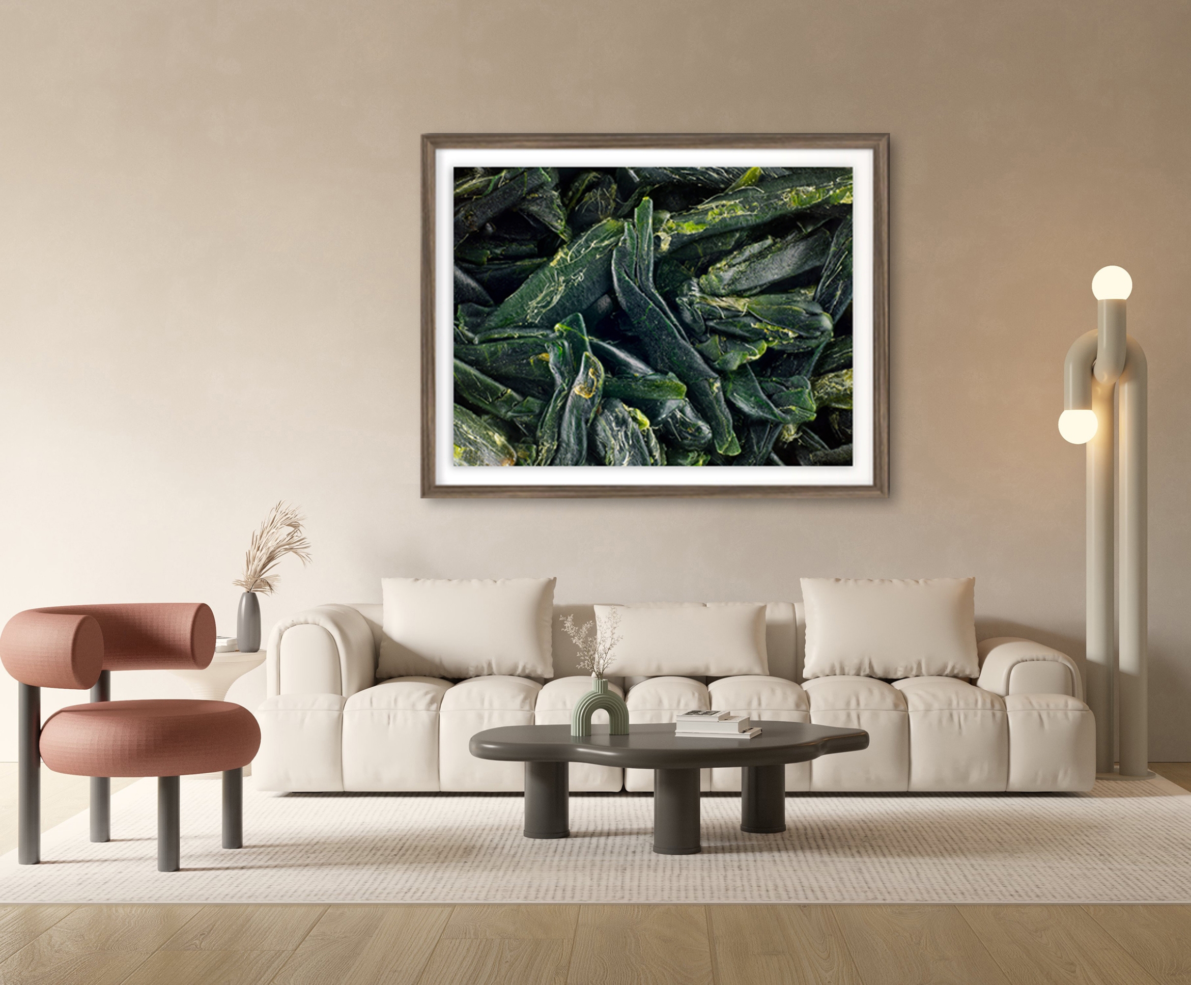 Modern living room with macro photograph of green tea